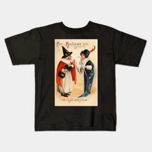 Vintage Halloween Witch Black Cat Kids T-Shirt